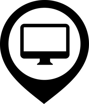 Mac computer map pin icon monitor desktop screen display system OS tech device workstation hardware software digital location marker solid black silhouette vector