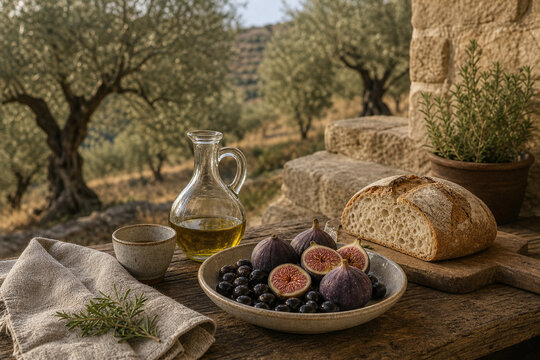 Figs olives and bread on a Mediterranean olive grove terrace
