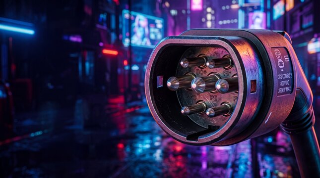 Electric vehicle charging plug ccs combo 2 close up in neon cyberpunk city street at night showing modern future transport energy.