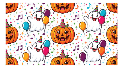 Fototapeta premium Cute Halloween pattern featuring smiling pumpkins and joyful ghosts celebrating with balloons and music notes