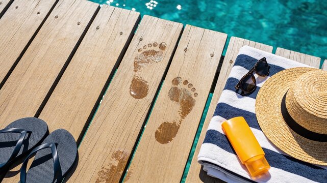 Wet footprints on a wooden dock next to black flip-flops, a striped beach towel with sunscreen, and a straw hat, overlooking clear turquoise ocean water on a summer vacation.