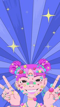 Japanese kawaii Harajuku girl with peace signs lofi vertical animation. Anime culture. Decora kei. Lo Fi aesthetic animated background 4K video for social media reel. Flat cartoon live wallpaper