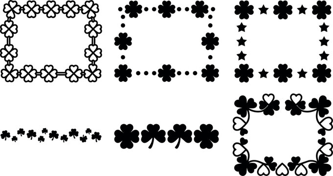 Black and white clover leaf frames and borders with stars and dots