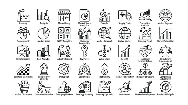 Black and white business icons set for market analysis and strategy planning concepts  various business related symbols and terminology