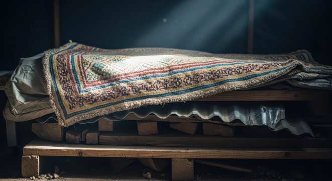 Faded Refugee Camp Blanket on Wooden Pallets Under Dramatic Light
