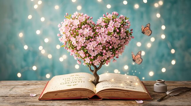Celebrating book lovers' day world book day open book with heart shaped blossom tree