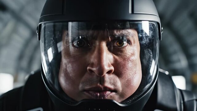 Man in futuristic helmet endures intense G-forces, his face contorting under pressure. Dramatic lighting emphasizes the hyperrealistic textures of his skin and the reflective visor.