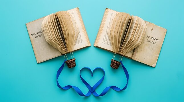 Celebrating book lovers' day world book day open books with heart symbol on blue
