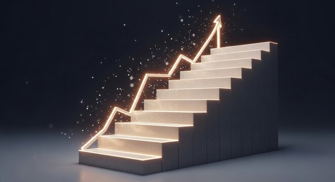 Abstract 3D Financial Staircase with Upward Arrow Illustrating Growth and Success