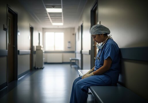 Exhausted Nurse Sitting Alone in a Hospital Corridor After a Shift