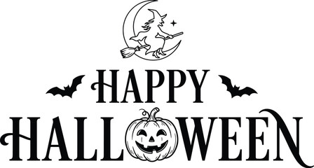 Obraz premium Halloween Illustration With Witch On Broom Crescent Moon And Jack o lantern