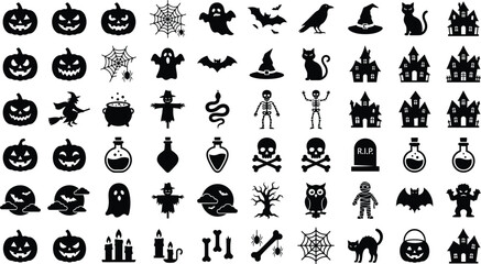 Naklejka premium Halloween Silhouette Icons On White Background Spooky Vector Collection