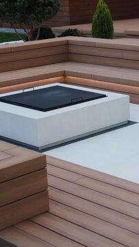 Vertical video. Modern patio with illuminated wooden deck, built-in fire pit and outdoor fireplace near a barbecue area.