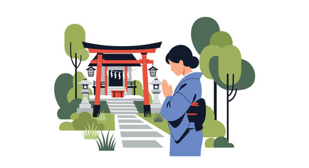 Flat style vector illustration of Japanese girl praying respectfully at a peaceful Shinto shrine surrounded by nature. Perfect for Japanese culture, religion, travel and heritage themes © Amie
