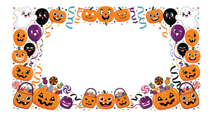 Fototapeta premium Festive Halloween border with carved pumpkins, ghosts, balloons, and candy for holiday celebration