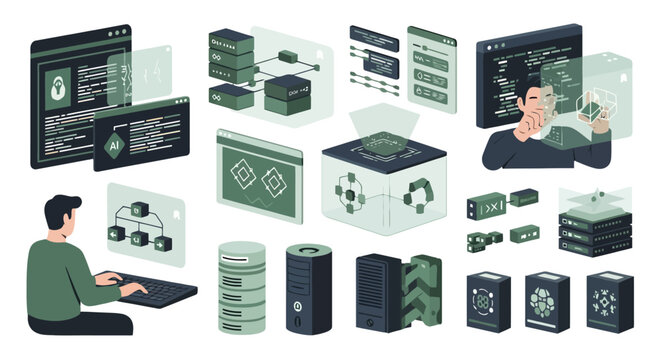 An isometric illustration showcasing various elements of information technology, including software development, data management, server infrastructure, network diagrams, and cybersecurity concepts.