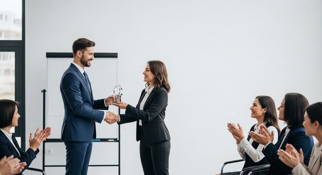 Business professional presenting an award trophy to a smiling colleague in an office meeting with applause
