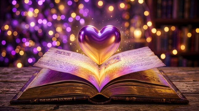 Celebrating book lovers' day world book day open book with glowing heart and festive lights