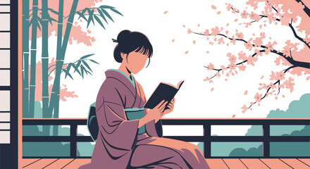 Flat style vector illustration of Japanese girl reading a book beside a peaceful bamboo and cherry blossom garden. Perfect for education, Japanese lifestyle, travel and wellness themes © Amie
