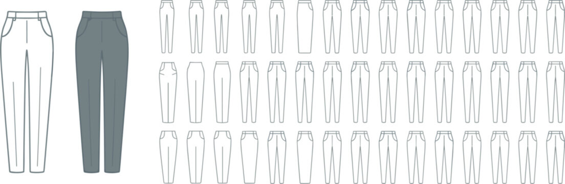 A detailed fashion set showing various styles of trousers and pants in both white line and solid grey color on white background