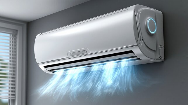 Modern silver split air conditioner blowing cool blue cold wind mounted on dark gray wall near white window blinds provides comfortable cooling climate for modern home interior space