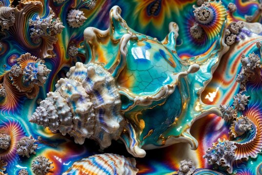 Conchiglia frattale surreale e astratta con texture in ceramica lucida, colori vibranti e dettagli dorati 3D