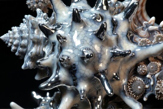 Macro astratta di una conchiglia surreale con punte metalliche e texture in ceramica incrinata