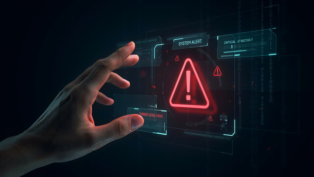 A hand touching a glowing red digital system alert warning icon on a futuristic technology display screen