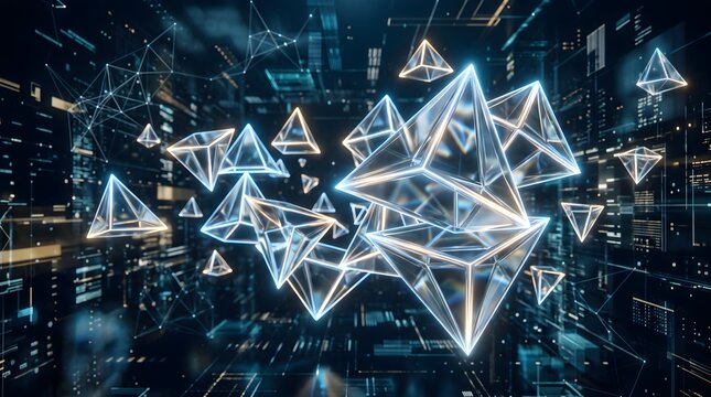 Abstract futuristic background with floating glowing crystal geometric pyramids.