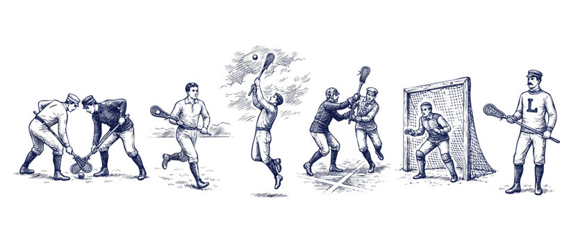 Vintage lacrosse players sketch vector illustrations of historic athletes playing a match, featuring faceoff, running, catching, defending, goalie at the net, and standing player in antique art style.