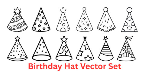 Outline vector collection of birthday party hats in multiple festive styles. Ideal for birthday invitations, greeting cards, party decorations, and celebration-themed designs. © Abdul Rehman
