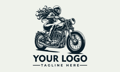 Vintage style illustration of a woman riding a motorcycle for a custom logo design. © Egis