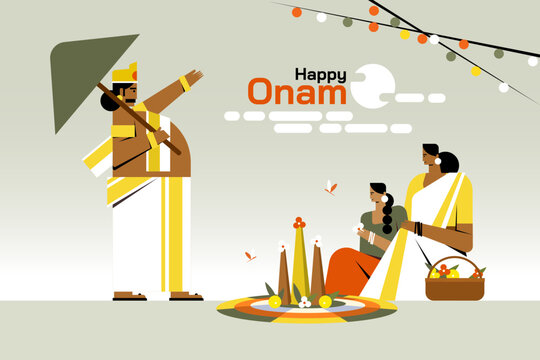 Happy Onam vector illustration featuring King Mahabali blessing a mother and daughter as they celebrate with a traditional Floral designs, symbolising Kerala's harvest festival