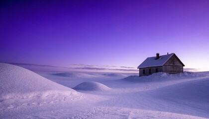 Lone wooden farmhouse in a snow covered field at violet dusk, soft drifts and wind carved tracks under a glowing winter sky, tranquil rural landscape with cold twilight silence and solitude