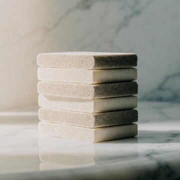 Stack of rectangular nail buffers in neutral cream tones on glossy marble, soft diffused light highlighting textured manicure blocks for spa salon hygiene, grooming and beauty product display