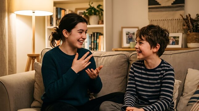Happy siblings communicating with hand gestures on a living room sofa