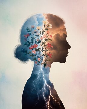 Vertical Conceptual double exposure art of a woman's silhouette filled with stormy clouds, blooming flowers, and lightning, symbolizing mental health awareness and emotional resilience.