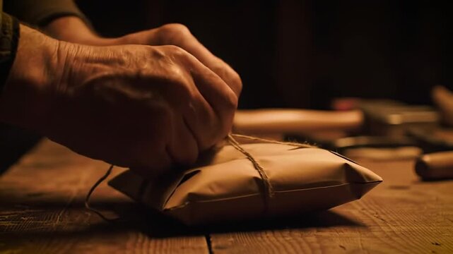 Hands tying twine on a paper package for e-commerce, small business, and online shop shipping. Emphasizing handmade care, secure delivery, and efficient logistics for customer satisfaction.
