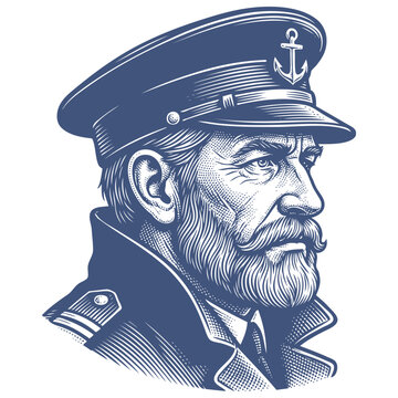 Vector engraving portrait of a bearded sea captain wearing a uniform and hat with an anchor. Vintage maritime illustration in monochrome blue.