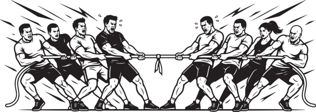 Competitive teams pulling rope in intense tug of war battle