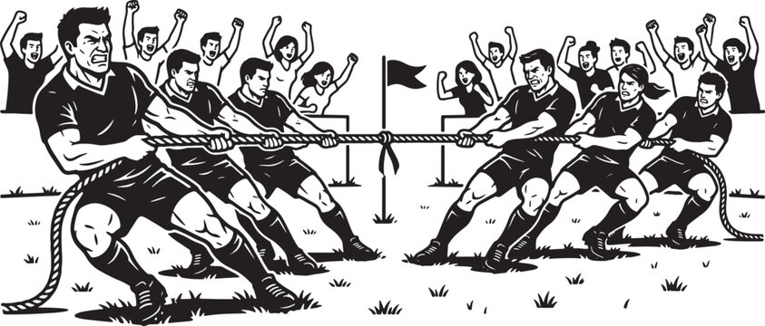 Two teams competing in intense tug of war game with cheering crowd