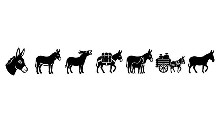 Donkey illustration sequence showing various uses from pack animal to cart pulling symbolizing labor, endurance, and rural livelihood © Strike