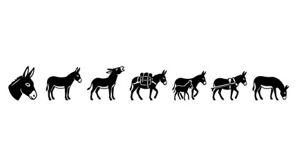 Donkey illustration sequence showing various uses from pack animal to cart pulling symbolizing labor, endurance, and rural livelihood © Strike