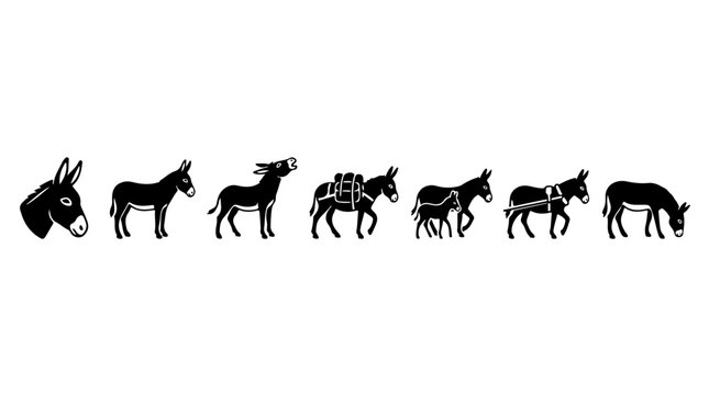 Donkey illustration sequence showing various uses from pack animal to cart pulling symbolizing labor, endurance, and rural livelihood
