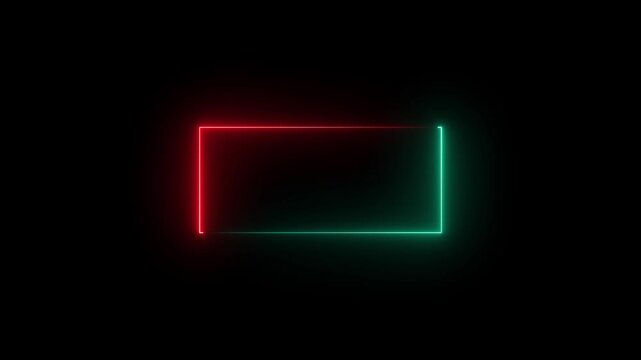 Neon rectangle frame with green and red sides on black abstract background