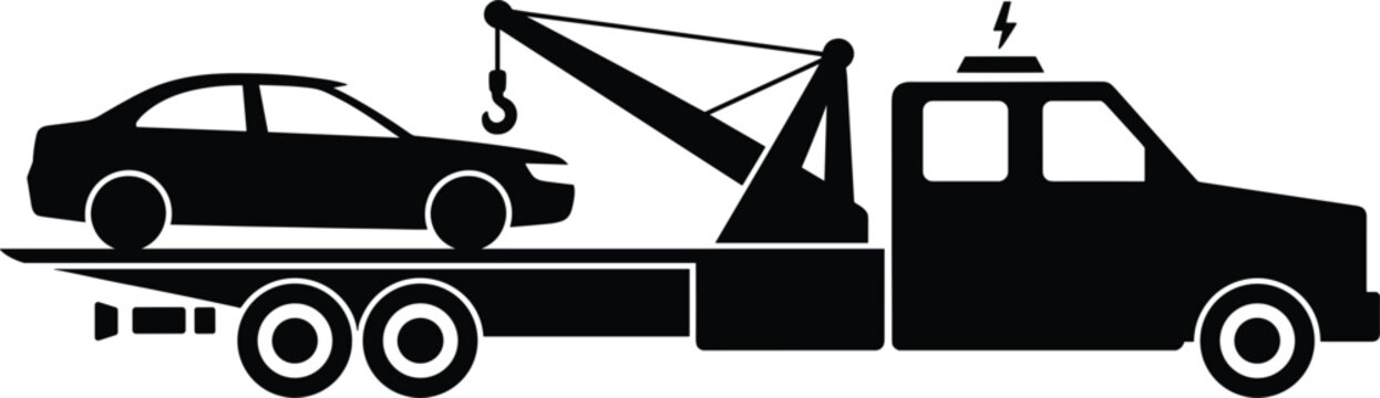 Black silhouette of a flatbed tow truck carrying a broken sedan car isolated on a white background, for automotive service concepts