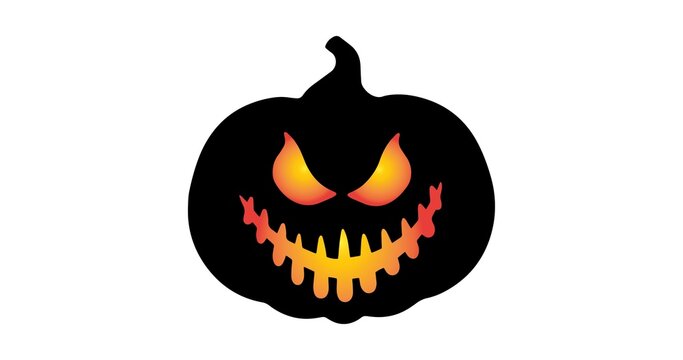 Halloween jack-o-lantern vector illustration, evil pumpkin face icon, orange gradient eyes and teeth on black background