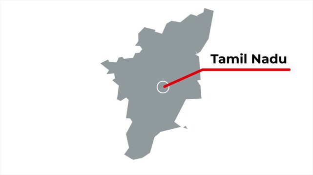 Tamil Nadu India State Map Animation Featuring a Minimalist Gray Silhouette with a Red Callout Pointer Line and Text Title on a White Background