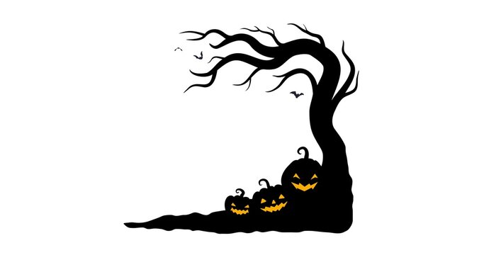 Halloween Silhouette: Glowing Pumpkins Under Twisted Tree with Bats