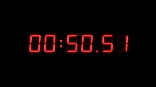 6 Digits Red Digital Countdown Timer Starting at 00:55:00 (55 seconds) on Black Background, Featuring High-Visibility LED Display. 4K Motion Graphics.